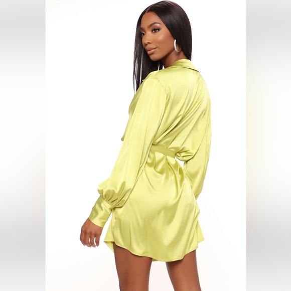 Satin Lime Green Shirt Dress - Picture 8 of 8